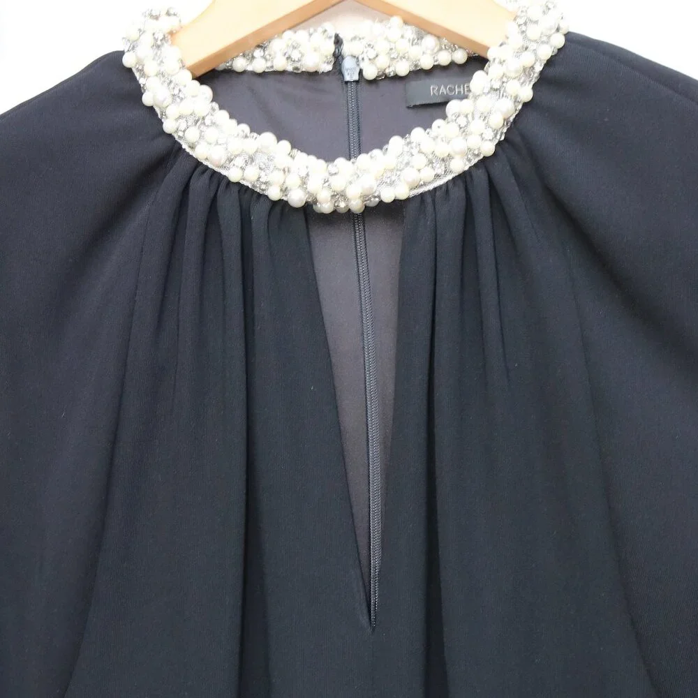 Rachel Zoe Black Pearl Trim Pleated Keyhole Neck Cap Sleeve Sheath  Dress Sz 6 - Picture 3 of 7